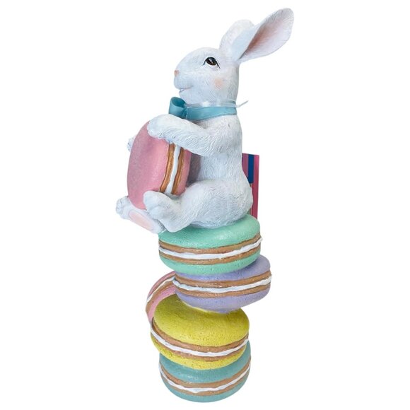 Sweet Treats Easter Bunny Rabbit Sitting Macarons Figurine Pastel Spring Decor - Picture 2 of 8